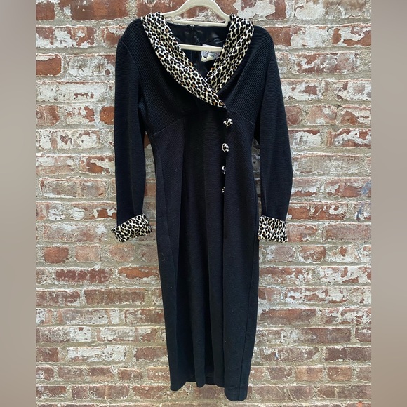 D.J. Summers Black Knit Vintage 80s Dress Velvet Accents Animal Print Size M EUC - Picture 1 of 10